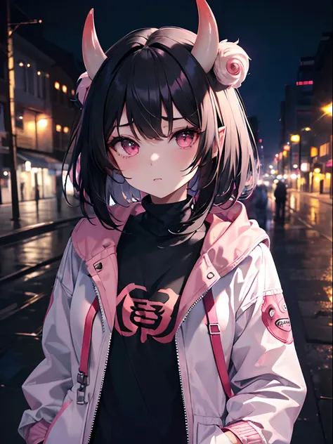 (Masterpiece, Best quality, ultra high resolution),1girl,black hair,short hair,((oni girl 👹)),(pink jacket),(white jacket),beautiful and detailed face, detailed eyes, looking at the viewer,(grey theme),in a park,night,close jacket