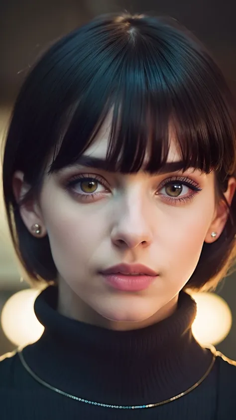 A stunning and intricate color portrait of (sks woman:1), wearing a black turtleneck, epic character composition, by ilya kuvshinov, alessio albi, nina masic, sharp focus, natural lighting, with long black hair and bangs on the forehead, underground diffus...