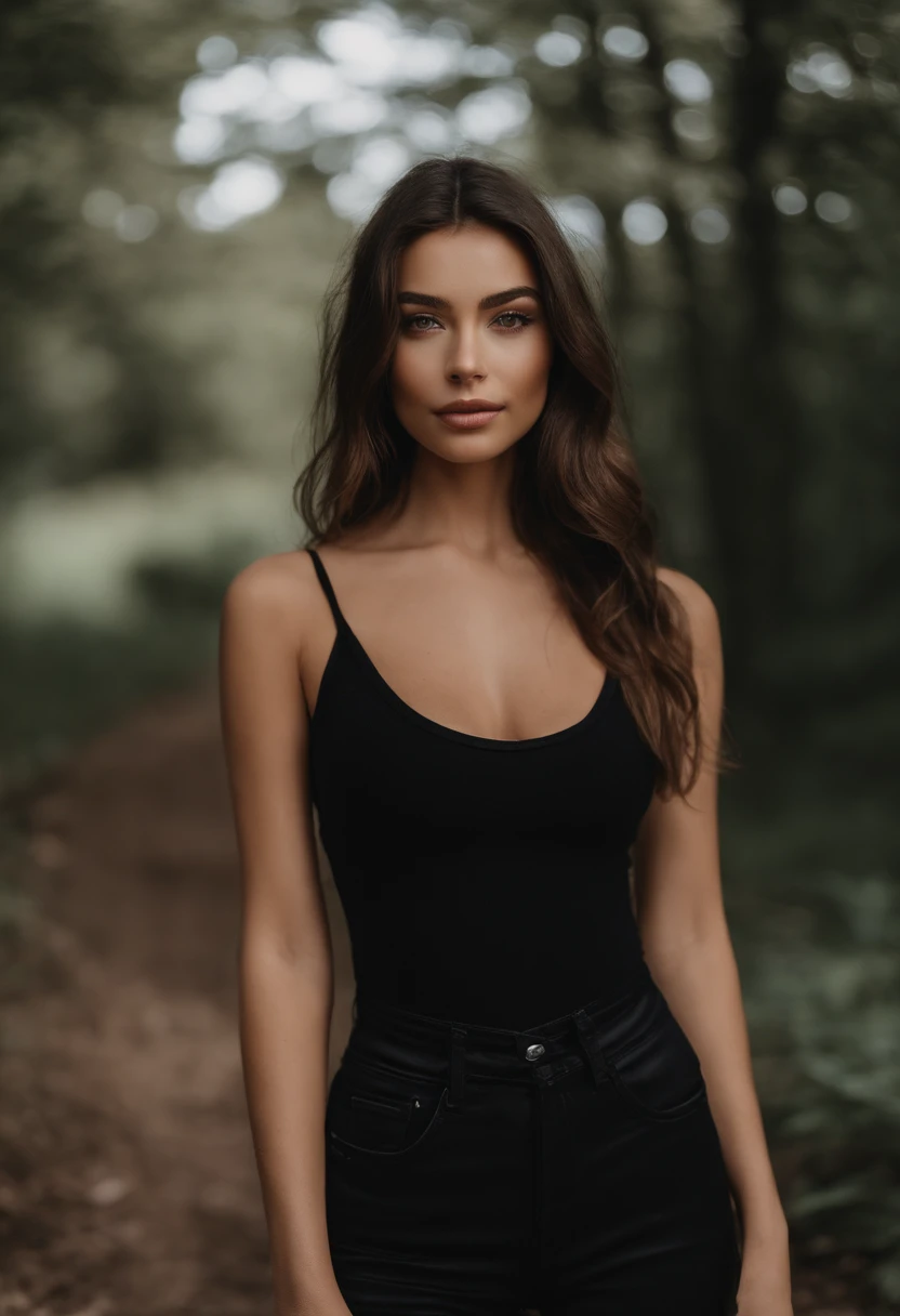 Arafed woman with black tank top , fille sexy aux yeux bruns, Portrait Sophie Mudd, cheveux bruns et grands yeux, selfie of a young woman, Yeux de chambre, Violet Myers, sans maquillage, maquillage naturel, looking straight at camera, Visage avec Artgram, ...