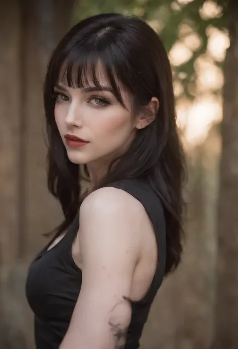 Pale skin Girl, black long hair with bangs, thin waist, thick thighs, big breasts, six-pack abs, toned legs, biceps, iron maiden band t-shirt, black pants, black combat boots, gothic makeup, black eyeliner, Young girl, attractive body, hot body, thick thig...