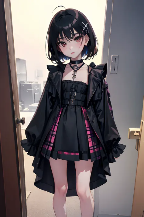 turned around，（​masterpiece，Highest Quality），(child:1.3)，Goth Punk，Burberry Plaid Skirt，(A dark-haired，Long)，embarrassed from，Delicate body，petite body