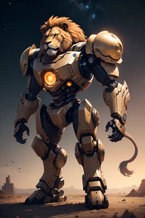 a biomechanical robot in the shape of a realistic lion lot of detailled and textured, mechanical parts are visible and others are hidden. beind he the galaxy and stars