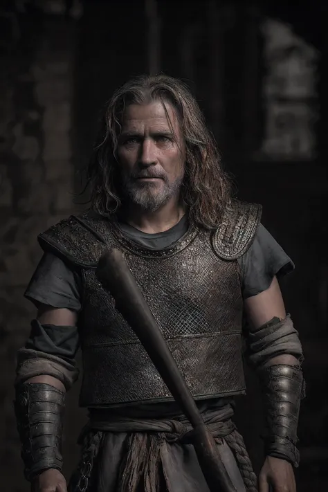 Raw, cinematic shot, (sharp focus:1.5), (photorealistic:1.2), 1boy, medium portrait of (a weary-looking but still proud and fierce-looking old Viking warrior, now the leader of his village, dressed in elaborately detailed chain mail and leather armour, a f...