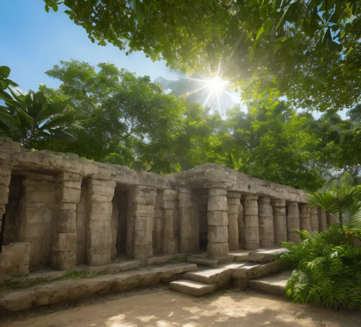 (high-quality:1.2),detailed sculpture,Maya civilization,tropical vegetation,tropical flowers,realistic,high definition,detailed artwork,particle effect,lush greenery,intense colors,Mayan culture,sacred atmosphere,photorealistic lighting,exquisite details,l...