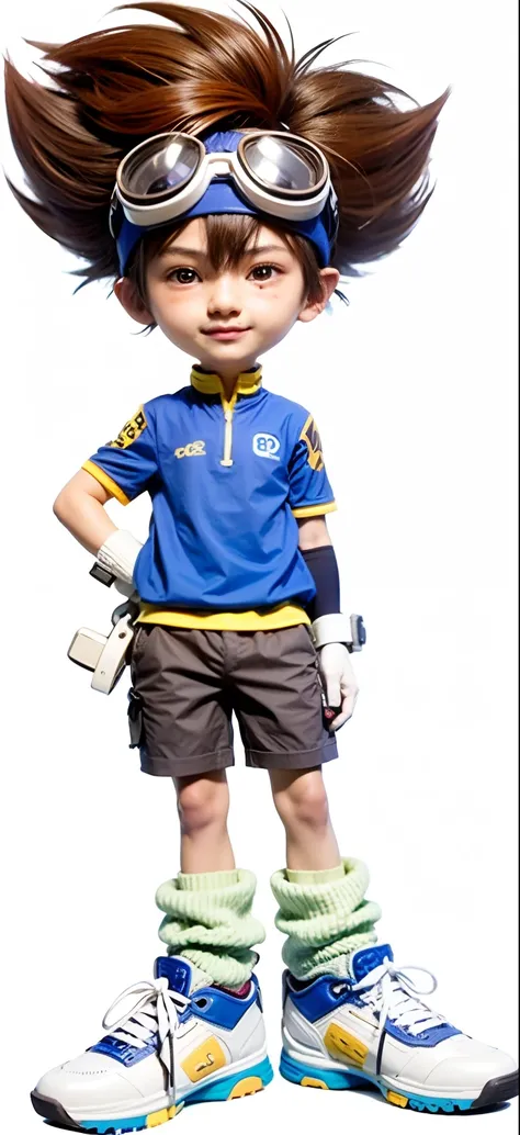 Personagem oriental masculino, 15 anos, sorridente, brown hair, Diving goggles, T-shirt azul com gola amarela, luvas brancas, brown shorts, white sneakers, detalhes azuis e amarelos