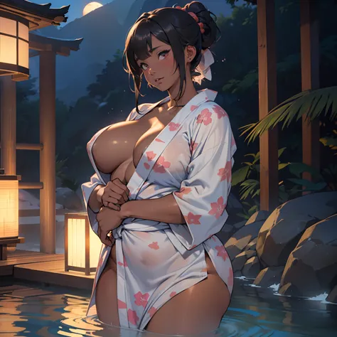 there is woman that is in onsen,(((A MILF: 1.4))), (Curvy:1.35),(((Dark skin))),Curvy physique,, Thick body，((big nipple)),((Completely naked)), (((breasts out of yukata))),((Transparent yukata)),(sexy pose),((pubic hair)), high-end onsen, Onsen, sakimicha...