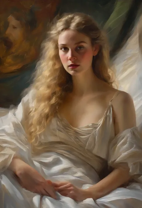 oil painting of a 20-year-old European girl, primitive, Beautiful woman, (extra long wavy blonde hair), ((Portrait)), ((Detailed face:1.2)), ((Detailed facial features)), (Fine fine skin), Pale skin, , Wrapped in sheets, bedroom environment, Sitting on the...