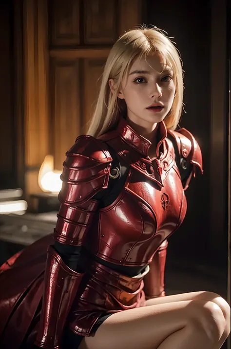 Gorgeous blonde woman in blazing red daedric armor. Ultrarealistic, hyperdetailed