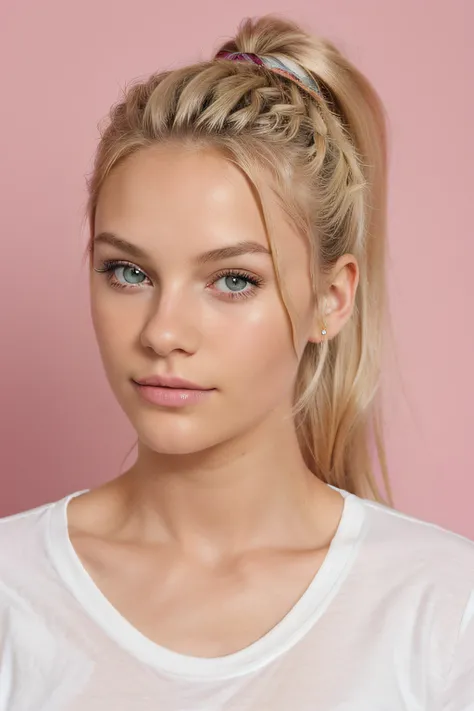 Passport photo of a 19-year-old blonde, facing camera, hair tied up, pas de cheveux devant le visage