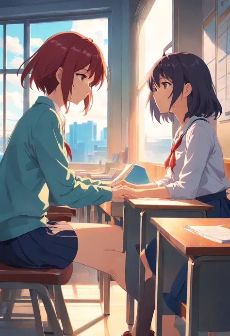 two girls，Long black and red hair of anime girl sitting on different desk in classroom in school uniform，Crawl on the table to sleep，Next to her was another girl with long blonde hair. ， in school uniform，There are stacked books in front，The sun is shining...