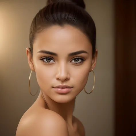 A photorealistic portrait of an incredibly beautiful and tanned young Brazilian woman without makeup, miscegenation, Caucasien, the skin is tanned, Extremely detailed brown eyes, The hair is in a stylish bun, Realistic symmetrical face detailed eyes draw f...