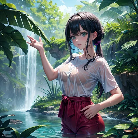 masterpiece, best quality, casual outfit, colorful hair, outdoor,upper body, colorful summer clothes, ((fully clothed)), warm clothes, wet clothes, soaked, drenched, excited, wet hair, wet and slimy, water up to her chest, submerged, translucent, fantasy e...