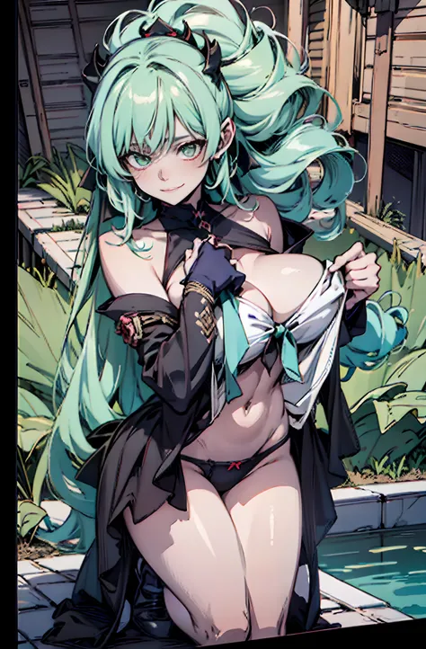 Pure sky，Plump legs，Green gem setting，Anime girl standing gracefully on the ground，Black cape and green hair, rogue anime girl, Anime girl standing, Wearing a cloak on the blasted plain, asuka suit under clothes!, Cyborg girl, badass posture, mechanic punk...