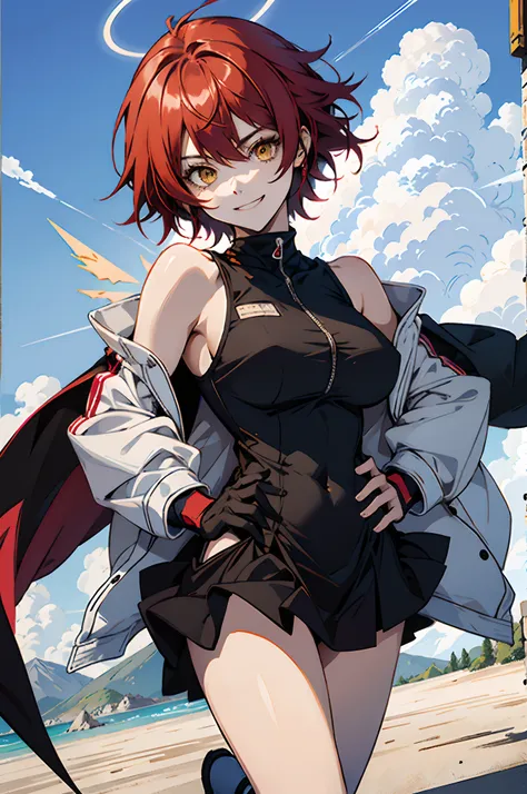 pure sky，plump legs，anime girl standing gracefully on the ground，black cape and red hair, rogue anime girl, anime girl standing,...