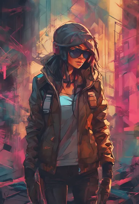 (dark shot:1.1), epic realistic, portrait of halo, female; athletic build, sunglasses, blue eyes, tartan scarf, (brown leather bomber jacket:1.2), (tight fitting, black, see thru tank-top:1.1) auburn hair by atey ghailan, by greg rutkowski, by greg tocchin...