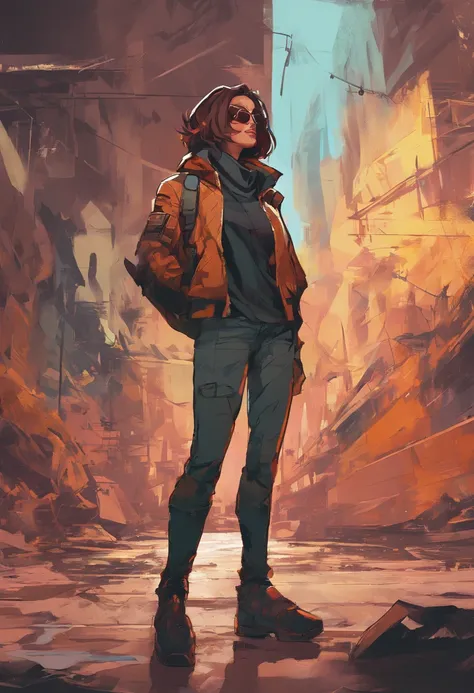 (dark shot:1.1), epic realistic, portrait of halo, female; athletic build, sunglasses, blue eyes, tartan scarf, (brown leather bomber jacket:1.2), (tight fitting, black, see thru tank-top:1.1) auburn hair by atey ghailan, by greg rutkowski, by greg tocchin...