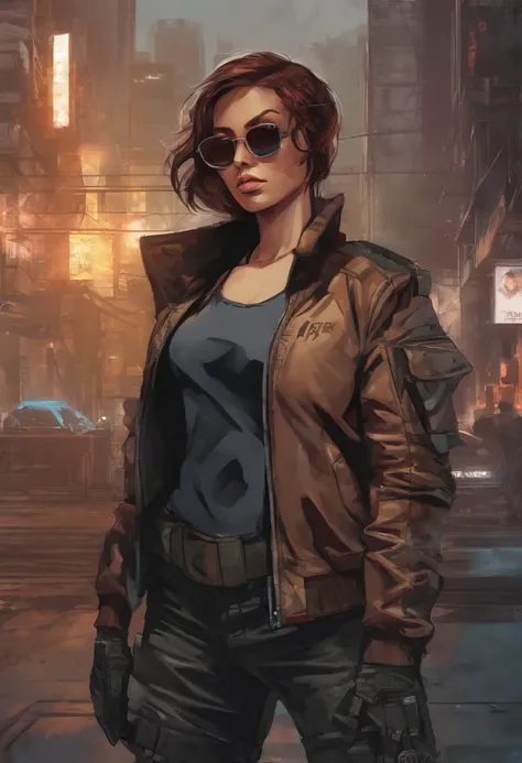 (dark shot:1.1), epic realistic, portrait of halo, female; athletic build, sunglasses, blue eyes, tartan scarf, (brown leather bomber jacket:1.2), (tight fitting, black, see thru tank-top:1.1) auburn hair by atey ghailan, by greg rutkowski, by greg tocchin...