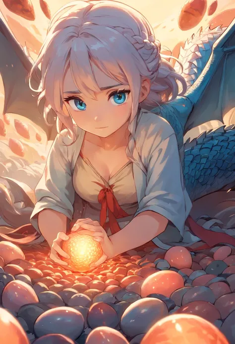 Por favor, crie um desenho impressionante que represente Daenerys Targaryen sentada no Trono de Ferro, With dragon eggs by your side. The image should highlight Daenerys majesty and the importance of dragon eggs in her journey. Certifique-se de capturar to...