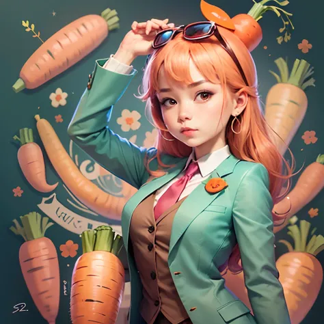 A cartoon characters of carrot vegetables. She is smart and genius in thinking.a high quality 32k. A carrot wears formal dressing. Carrot is dancing --auto --s2