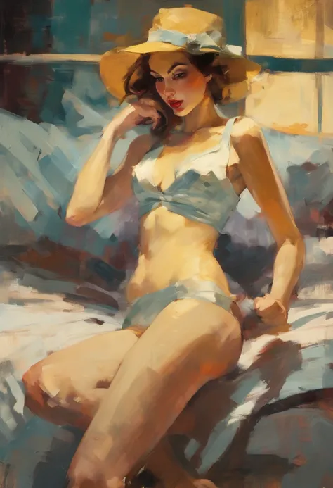 Retro vintage art print, sexy, glamorous pin-up girl wearing a sailors hat, bikini, A painting of a woman wife ((golden ratio}} laying on the bed after a long night on the town, a sensual painting, a Beautiful expressive painting, malcolm liepke painting, ...