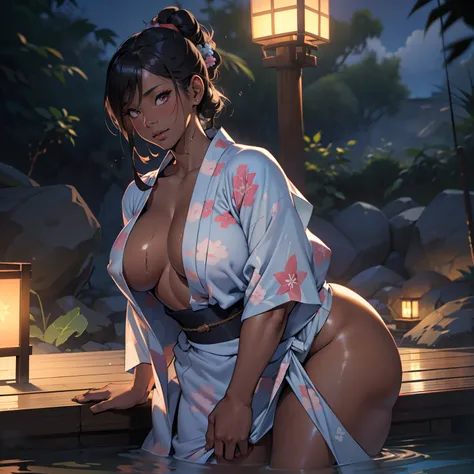 there is woman that is in onsen,(((A MILF: 1.4))), (Curvy:1.35),(((Dark skin))),Curvy physique,, Thick body，((big nipple)),((Completely naked)), (((Open yukata))),((Transparent yukata)),(sexy pose),((pubic hair)), high-end onsen, Onsen, sakimichan, model i...