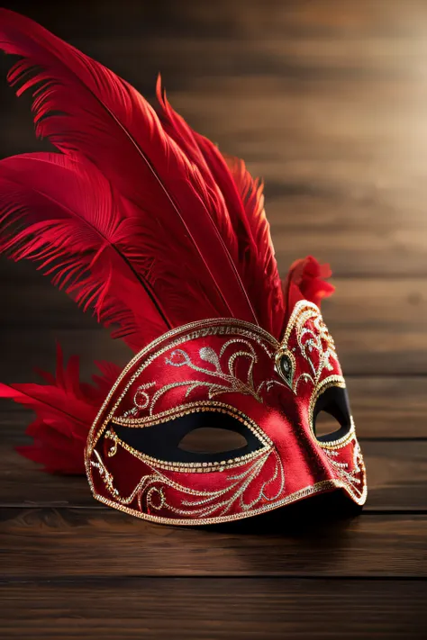 an elegant red masquerade mask sitting alone on a dark table. featuring feminine characteristics and feathers. hyper realistic. ...