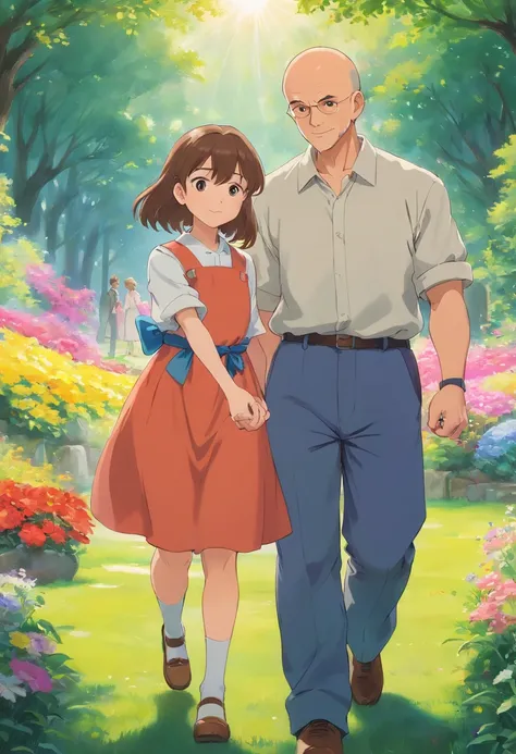 (a strong, bald man),(a little sister with brown hair),(holding hands),(outdoors),(bright sunlight),(lovely garden),(colorful flowers),(lush green grass),(happy expressions),(warm family bond),(traditional oil painting),(ultra-detailed),(highres),(realisti...