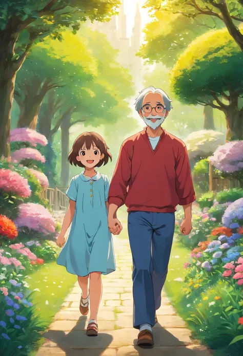 A bald 30-year-old young man walking, holding his 10-year-old little sisters hand, both characters smiling. Illustration, high image quality, realistic style, vibrant colors, natural lighting, detailed facial features, joyful expressions, outdoor scene wit...