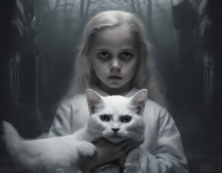 high qulity，High picture quality，Cute little girl holding a white cat