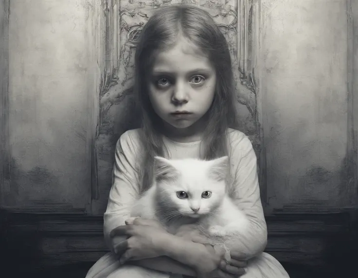 high qulity，High picture quality，Cute little girl holding a white cat