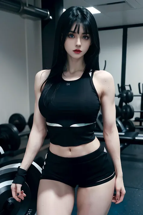 Goth girl, Pale skin Girl, black long hair with bangs, short black gym top, short black skin tight gym shorts, thin waist, thick thighs, big breasts, six-pack abs, toned legs, biceps, thick lips, Blue eyes, full body