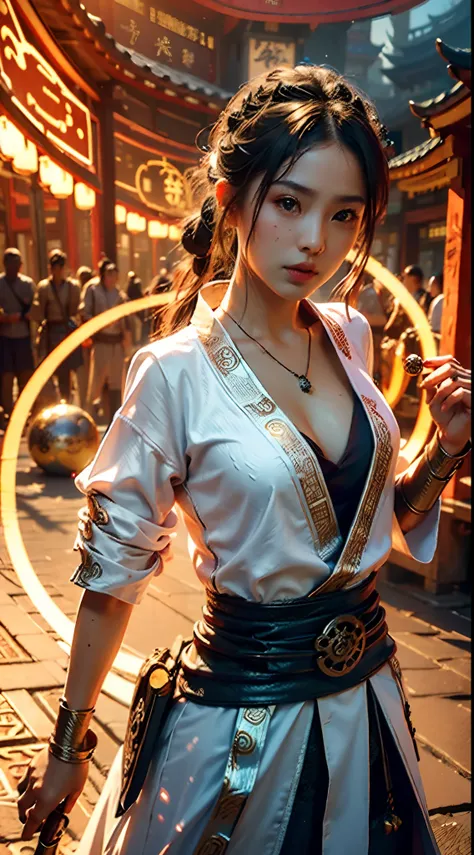 Best quality,masterpiece,ultra high res,(photorealistic:1.4),xiuxian,weapon,Detailed face,
1girl,solo,weapon,cleavage,(magic circle:1.2),xiuxian,upper body,Beautiful girl,full body,east asian architecture,sheath,architecture,