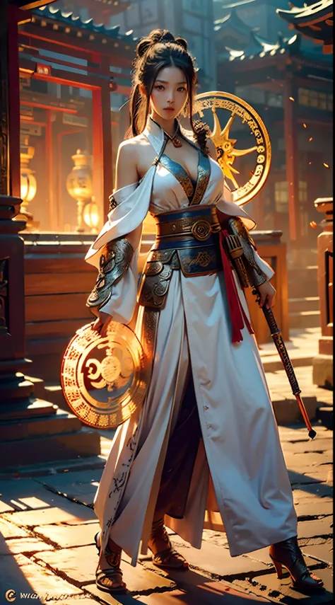 Best quality,masterpiece,ultra high res,(photorealistic:1.4),xiuxian,weapon,Detailed face,
1girl,solo,weapon,cleavage,(magic circle:1.2),xiuxian,upper body,Beautiful girl,full body,east asian architecture,sheath,architecture,