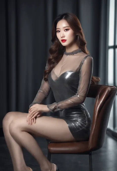 Sitting on chair in black dress, Korean female fashion model, transparent gray skirt, mesh shirt, chrome clothes, shiny silver, lucky I look, big breasts, best quality, masterpiece, super high resolution, realistic,