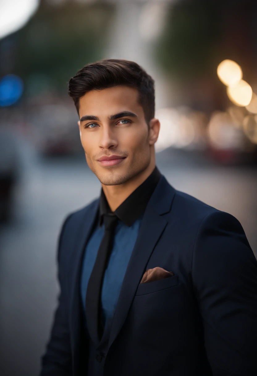 mixed race young man,beautiful detailed blue eyes,dark hair,dark suit,confident expression,sharp jawline,vibrant skin,smiling,handsome face,standing pose,city backdrop,professional studio lighting,realistic,photorealistic:1.37,portraits,vivid colors,cool t...