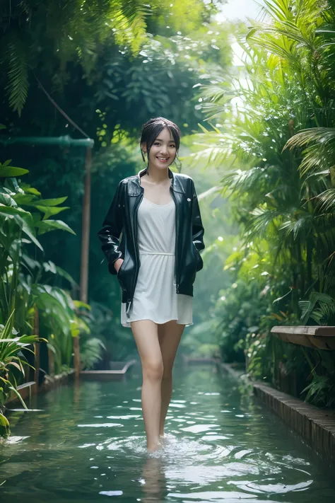 18 yo slim chinese woman wading in pool, waist deep, wet clothes, soaked, open leather jacket, long leather pants, wet skin, wet hair, clear sunny day, shadows, tranquil, soaked in oil, dripping oil, dripping water, running water, high resolution, best qua...