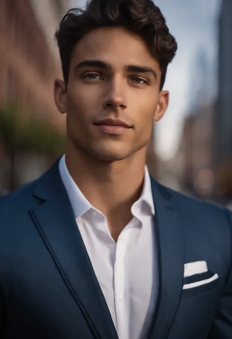 mixed race young man,beautiful detailed blue eyes,dark hair,dark suit,confident expression,sharp jawline,vibrant skin,smiling,handsome face,standing pose,city backdrop,professional studio lighting,realistic,photorealistic:1.37,portraits,vivid colors,cool t...