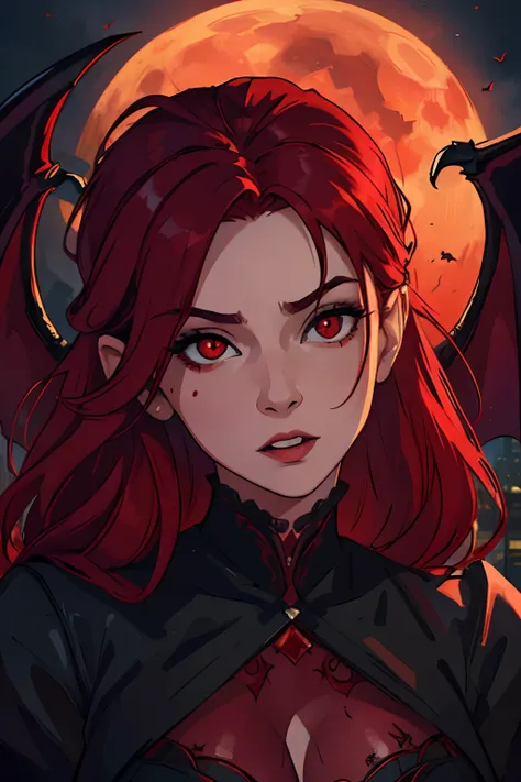 (best quality,4k,highres,masterpiece:1.2),ultra-detailed,vibrant colors,realistic,horror,portrait:1.1,a beautiful and alluring vampire woman with large bat wings, flowing red hair, and mesmerizing red eyes, revealing neckline, night, cityscape, blood, eeri...