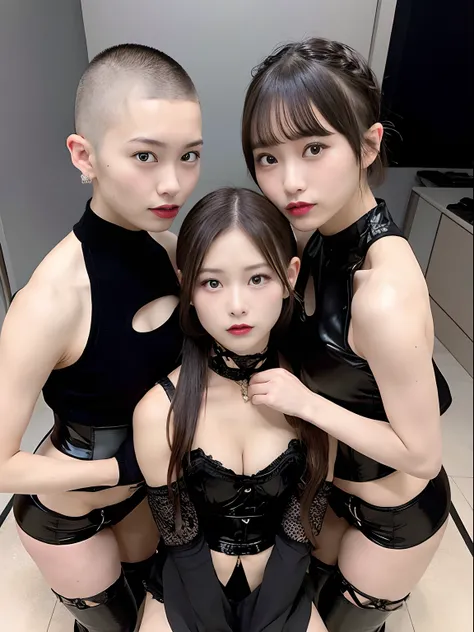 （All models are female）,（All have shaved hair）, baldhair, skinhead, japanesegirl, threesome japanese women, Hairstyle: shaved head, Highest quality, portraits, The costume is a golden corset, black high heel boots, mini skirt, black long gloves, 8k, japane...