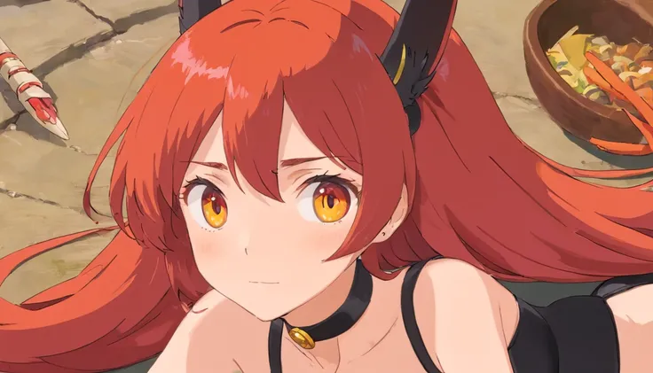 woman, solo, head rest, dutch angle, simple background, blush, black swimsuit, long red hair, pointy ears, amber eyes, choker