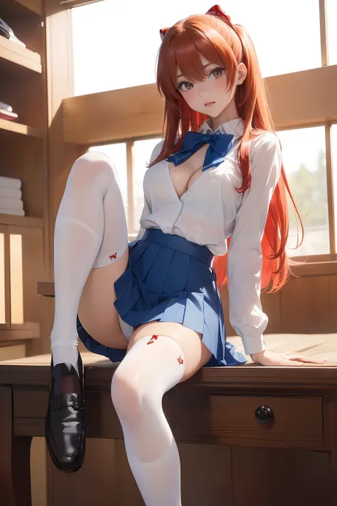 ((masterpiece, best quality, cinematic, photorealistic, ultra-detailed)), ((medium shot)), ((alluring girl, Asuka Langley Soryu:1.2)), ((perfect anatomy, sexy body)), ((glossy red skin, hot and sexy)), ((perfect hands)), ((large cleavage, long round legs, ...