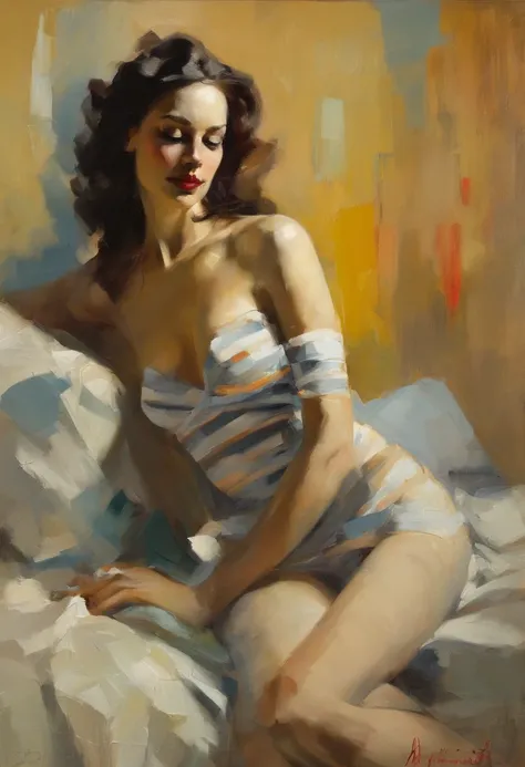 A painting of a sexy wife ((golden ratio}} laying on the bed after a long sex night on the town, a sensual painting, a Beautiful expressive painting, malcolm liepke painting, glossy painting, suggestive poses, artistic expression, erotic fantasies, Fine pa...