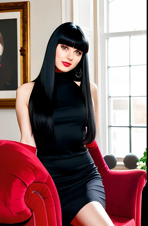 1 girl with long straight black hair and bangs on her forehead sitting on a red armchair holding the telephone handset in a sexy photo pose, wearing a black turtleneck dress and bold red lipstick, living room setting with red roses beside in a vase , maste...