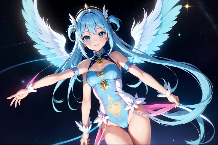 Super Idol　a beauty girl　A charming smile　sky blue hair　length hair　Twin-tailed　Glittery bright pink and white and blue and yellow leotards　Facing the front and spreading arms　Big big six wings of angel on the back　Mystical　Fantasy of Light　constellation　a...