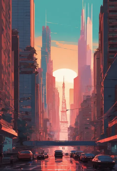 a close-up of a city with a large building and ((( a verdadeira torre Effeil ao fundo no centro))), inspirado em Liam Wong, estilo de arte cyberpunk, Arte Lofi, no estilo de Laurie Greasley, fundo neo tokyo, inspirado por Kilian Eng, Directed by: Kilian En...