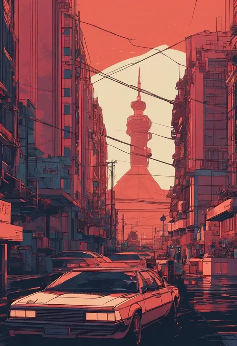 a close-up of a city with a large building and ((( a verdadeira torre Effeil ao fundo no centro))), inspirado em Liam Wong, estilo de arte cyberpunk, Arte Lofi, no estilo de Laurie Greasley, fundo neo tokyo, inspirado por Kilian Eng, Directed by: Kilian En...