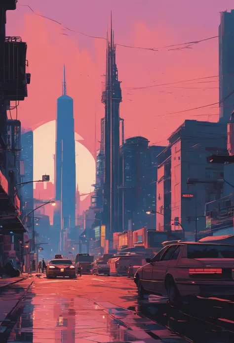 a close-up of a city with a large building and ((( a verdadeira torre Effeil ao fundo no centro))), inspirado em Liam Wong, estilo de arte cyberpunk, Arte Lofi, no estilo de Laurie Greasley, fundo neo tokyo, inspirado por Kilian Eng, Directed by: Kilian En...