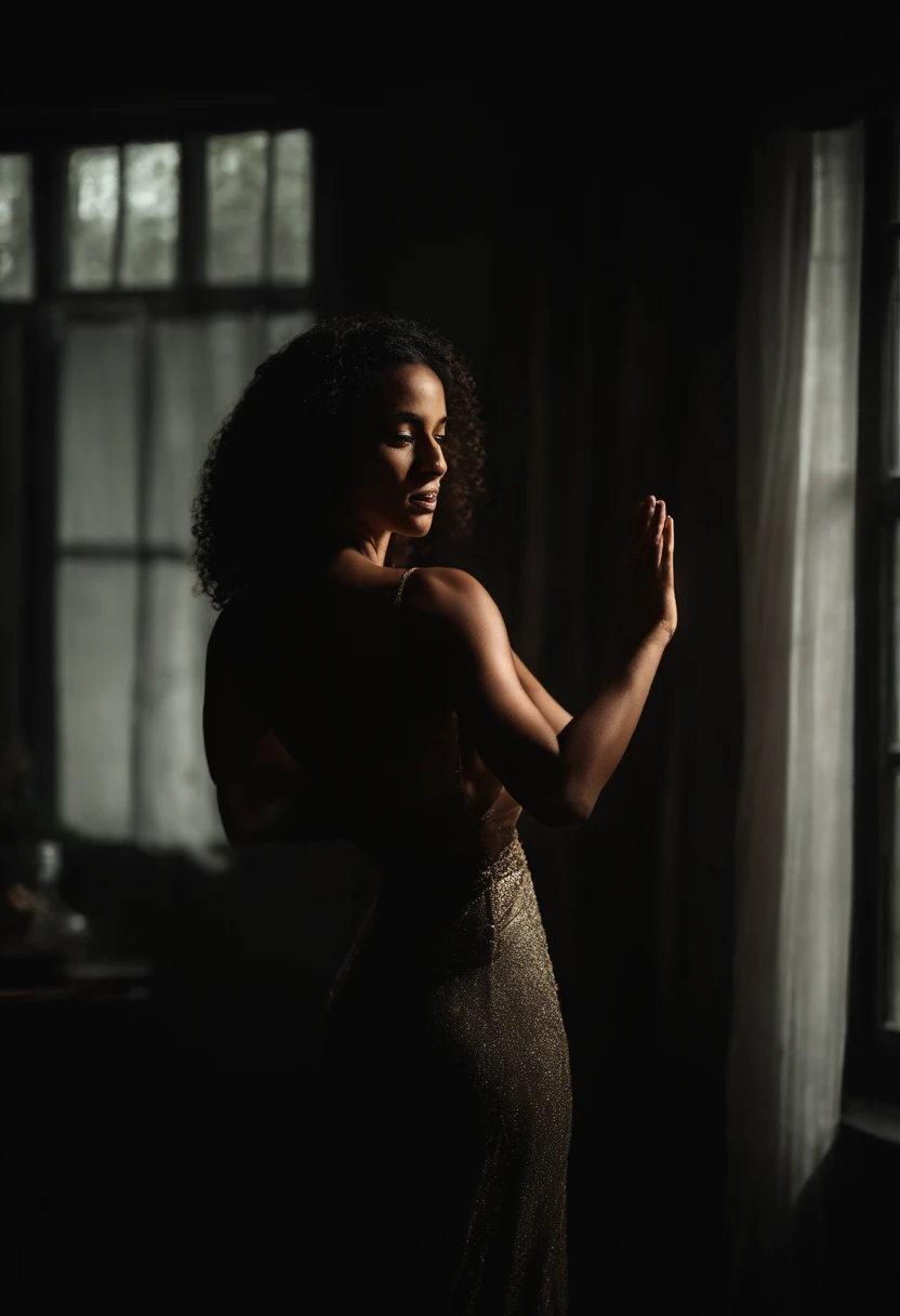 mulher negra de cabelo crespo, Dancing sensually, Moonlight lighting coming in through the dark room window, fotografia de cinema, vestida com roupa interior