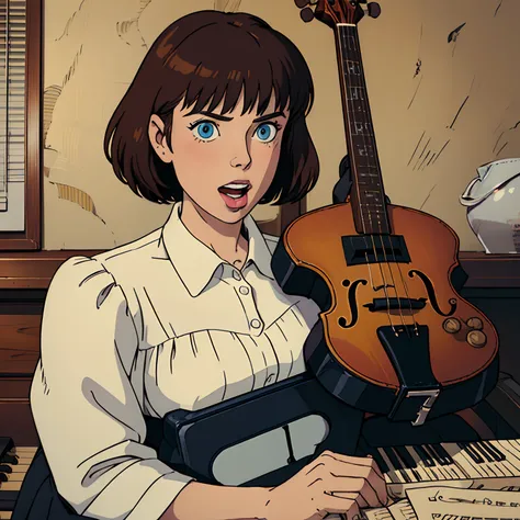 instrument, guitar, music, holding_instrument, playing_instrument, 1girl, rating:safe, electric_guitar, acoustic_guitar, violin, bass_guitar, solo, plectrum, bangs, blue_eyes, piano, blunt_bangs, keyboard_(instrument), short_hair, upper_body, sheet_music, ...