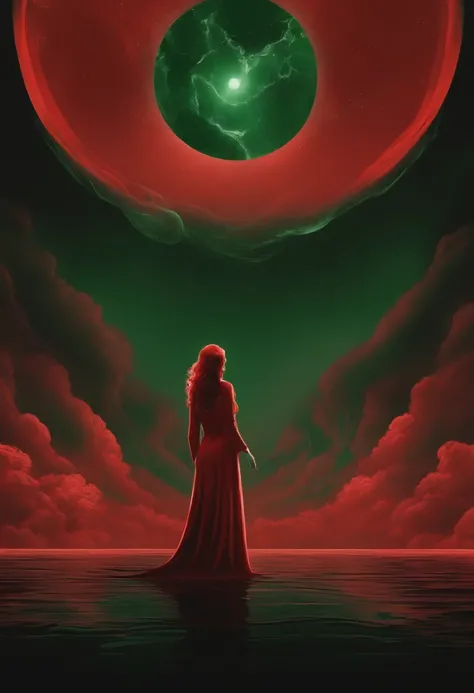 Faceless female cosmic entity with body made of White marble and wearing red dress surrounded by dark mist of green color and Halo of red light clock in the background+Concept Artwork Hugo Pratt+ MC Escher style fusion,Anime 80s aesthetic ,Ink drawing, tum...